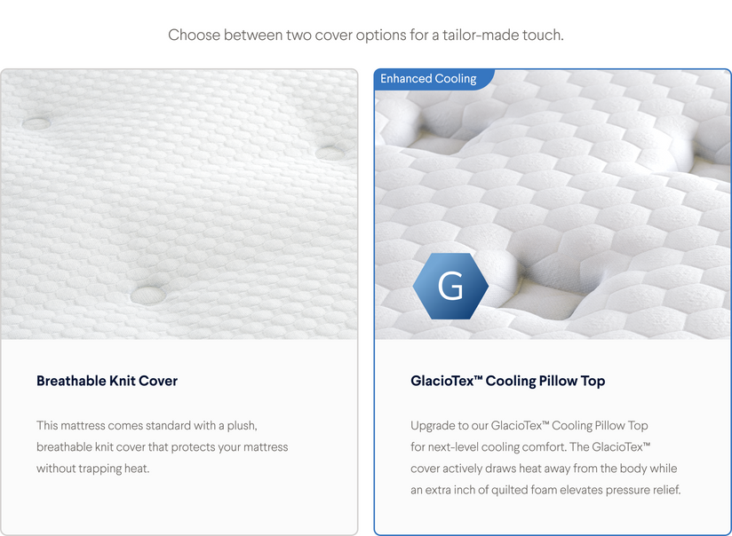 Graphic comparing cover options for the Nolah Original: A breathable knit cover or Cooling Pillow Top