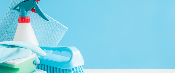 Mattress cleaning supplies: spray bottle, brush, sponge, and gloves