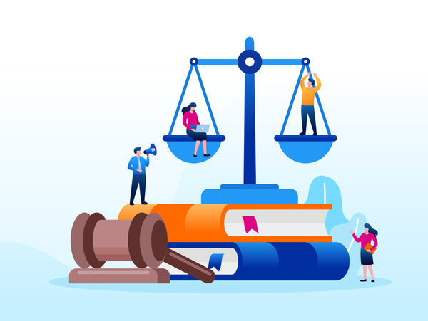 Illustration of scale, gavel, and books