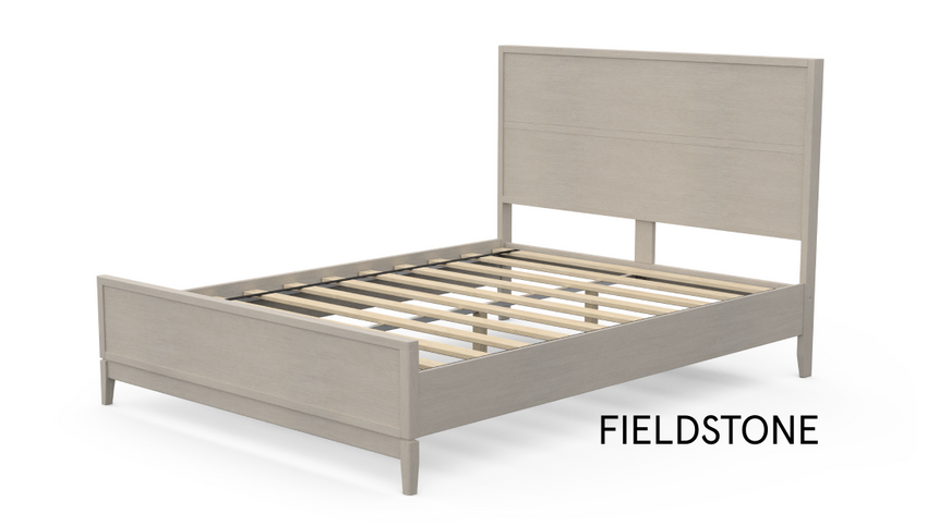 Wood platform base with headboard and footboard in Fieldstone finish