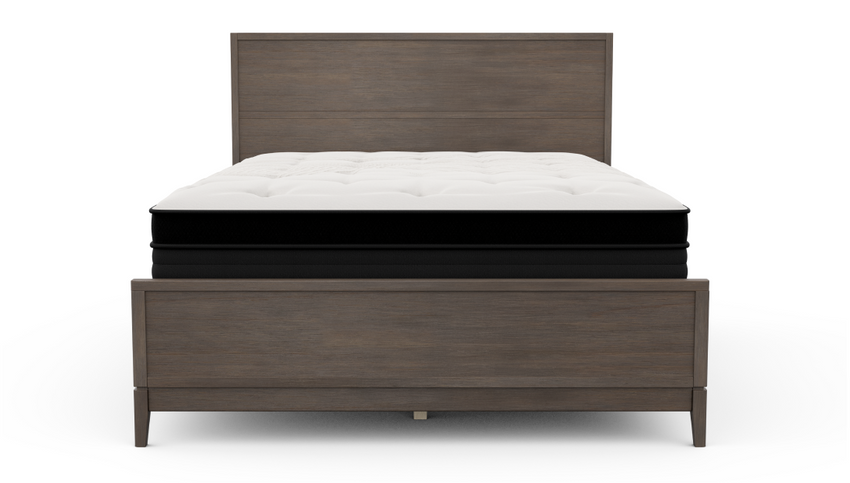 Nolah Mattress on the Mesa wood platform base with headboard and footboard in Weathered Oak finish