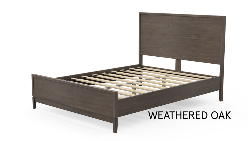Wood platform bed frame with headboard and footboard in Weathered Oak